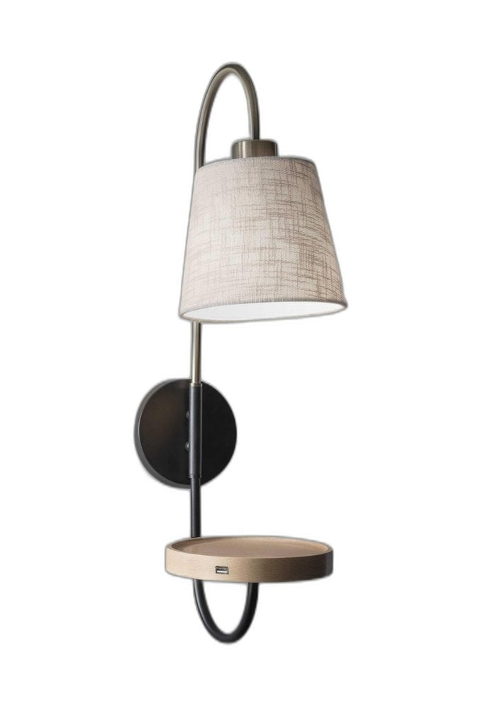 Antique Brass And Black Metal USB Charging Station Wall Lamp With Wood Shelf HomeRoots