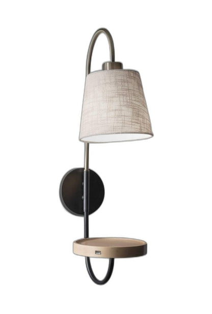 Antique Brass And Black Metal USB Charging Station Wall Lamp With Wood Shelf HomeRoots