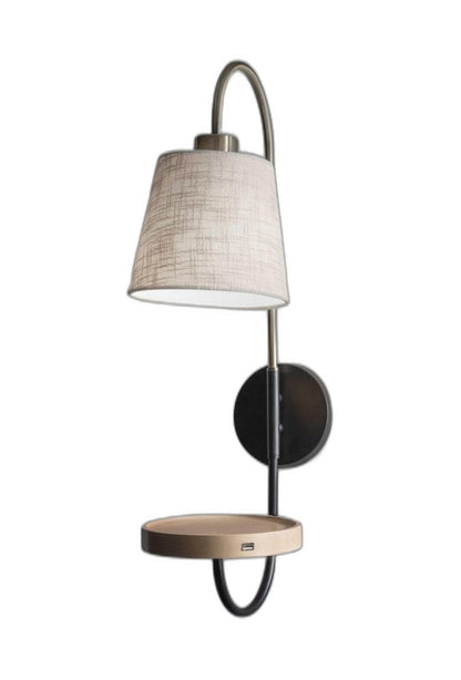 Antique Brass And Black Metal USB Charging Station Wall Lamp With Wood Shelf HomeRoots