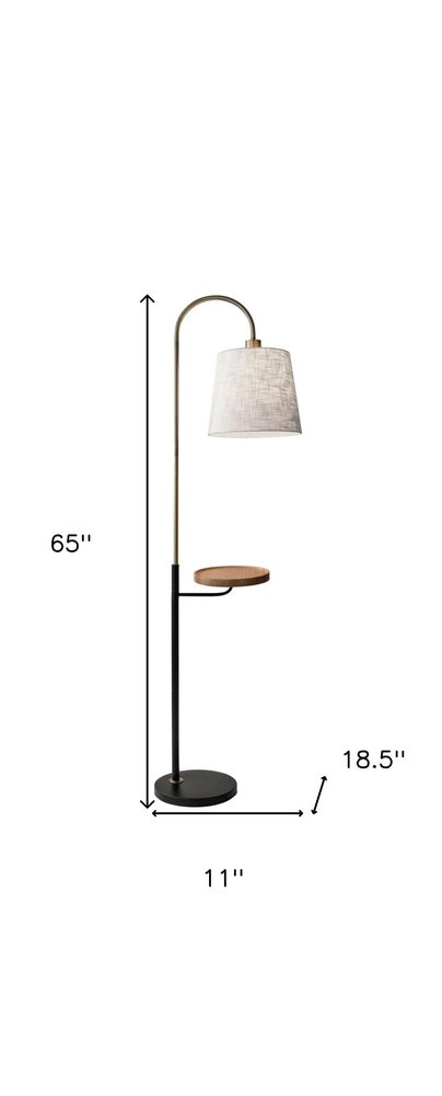65" Black And Brass Tray Table USB Floor Lamp With Wood Shelf HomeRoots