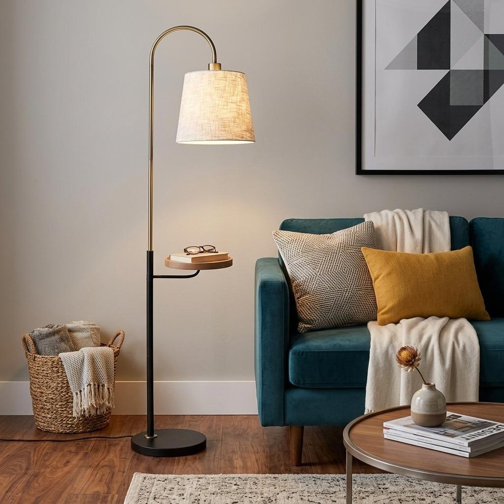 65" Black And Brass Tray Table USB Floor Lamp With Wood Shelf HomeRoots