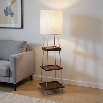 63" Brown And White Column Floor Lamp With White Fabric Drum Shade HomeRoots