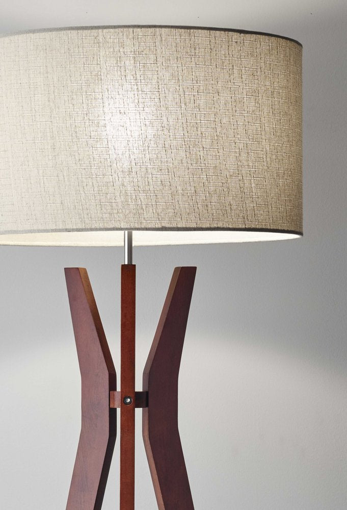 60" Brown And White Solid Wood Tripod Floor Lamp With White Fabric Drum Shade HomeRoots