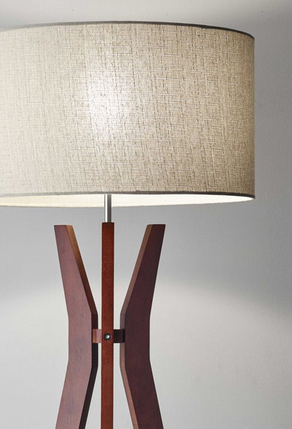 60" Brown And White Solid Wood Tripod Floor Lamp With White Fabric Drum Shade HomeRoots