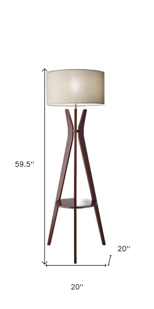 60" Brown And White Solid Wood Tripod Floor Lamp With White Fabric Drum Shade — view 5