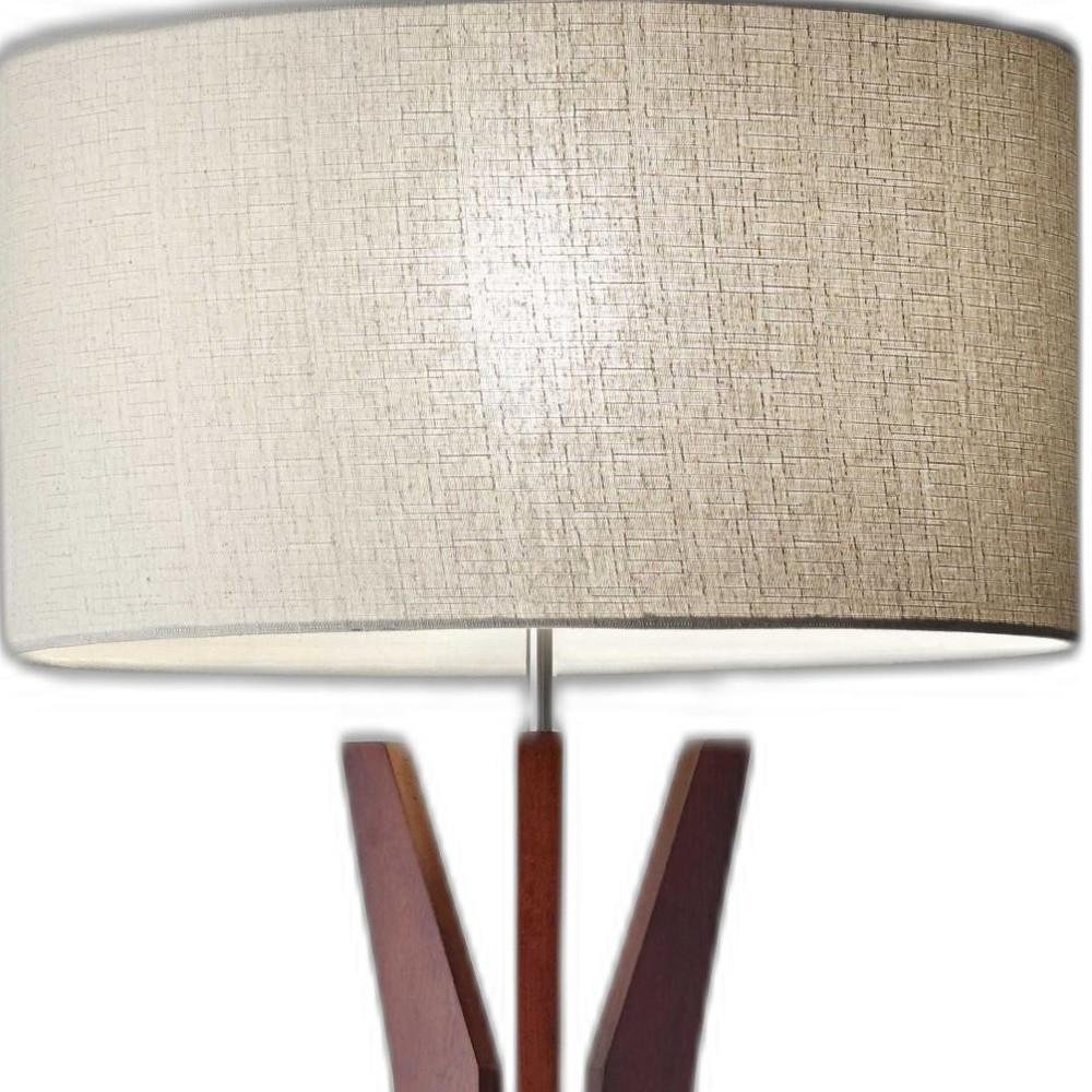 60" Brown And White Solid Wood Tripod Floor Lamp With White Fabric Drum Shade HomeRoots