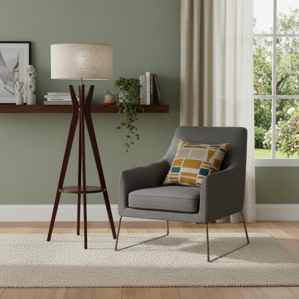 60" Brown And White Solid Wood Tripod Floor Lamp With White Fabric Drum Shade HomeRoots