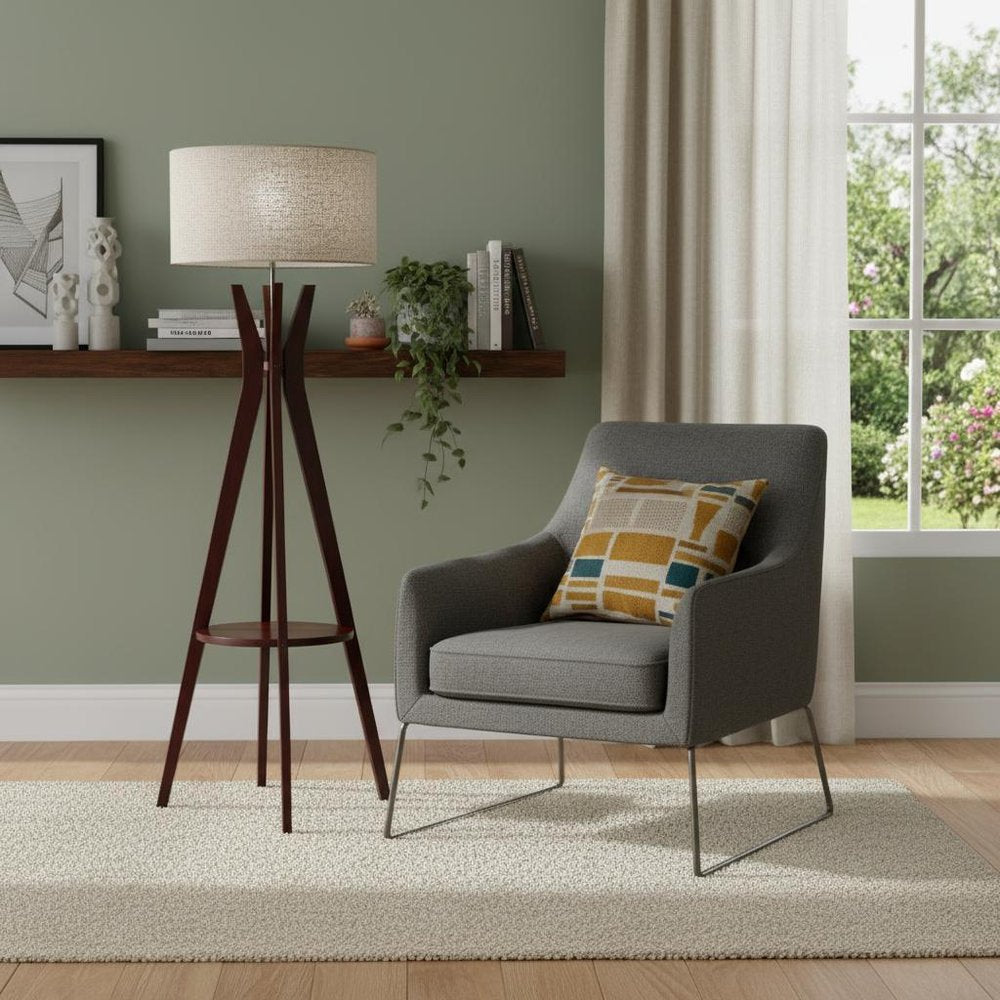 60" Brown And White Solid Wood Tripod Floor Lamp With White Fabric Drum Shade HomeRoots