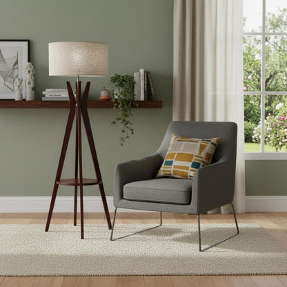 60" Brown And White Solid Wood Tripod Floor Lamp With White Fabric Drum Shade HomeRoots