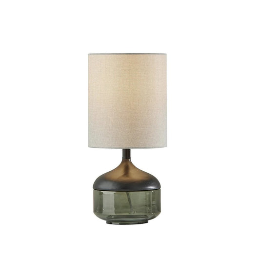 16" Black And Dark Green Wood And Smoked Glass Table Lamp With Beige Drum Shade