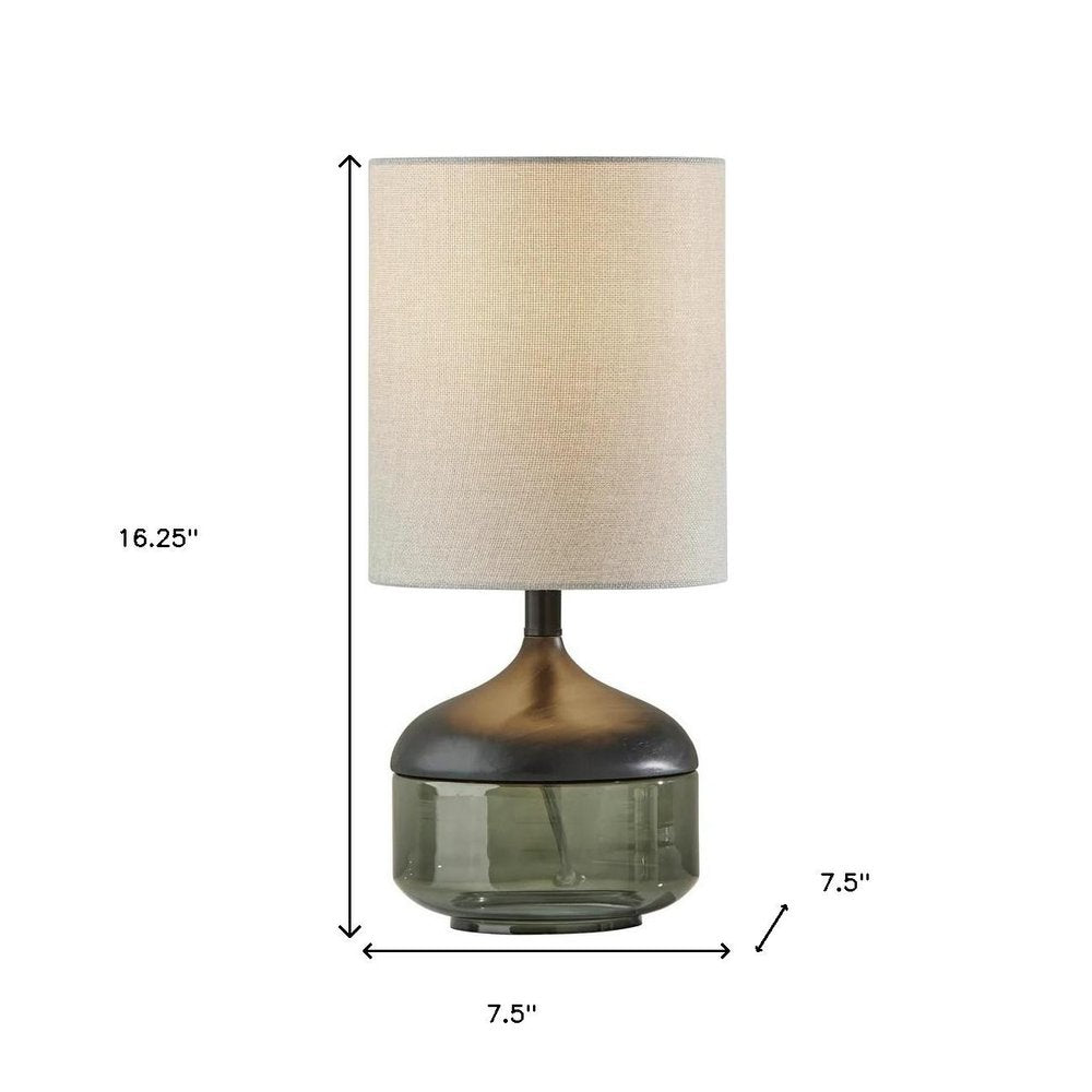 16" Black And Dark Green Wood And Smoked Glass Table Lamp With Beige Drum Shade HomeRoots