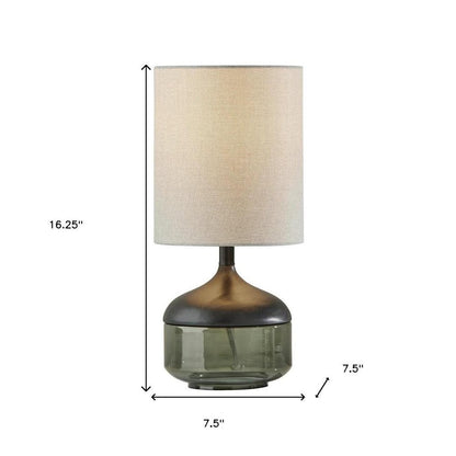 16" Black And Dark Green Wood And Smoked Glass Table Lamp With Beige Drum Shade HomeRoots