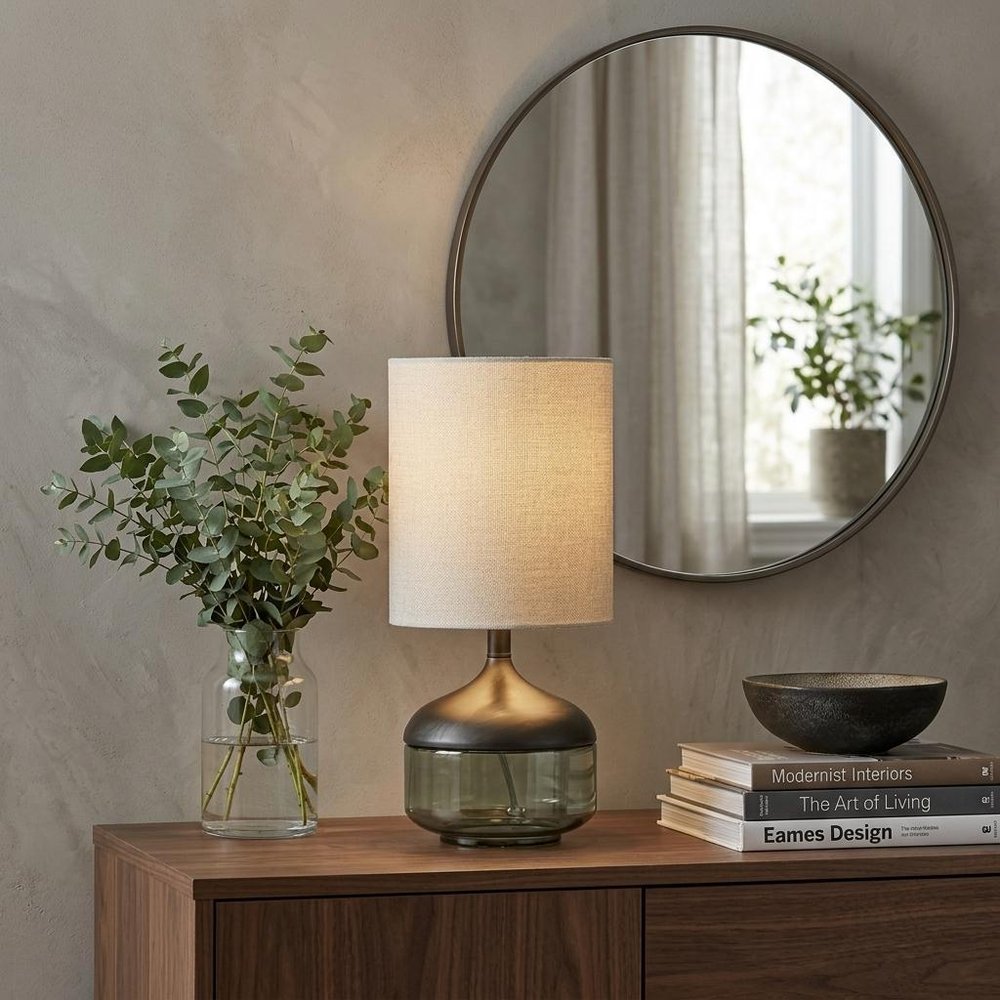 16" Black And Dark Green Wood And Smoked Glass Table Lamp With Beige Drum Shade HomeRoots
