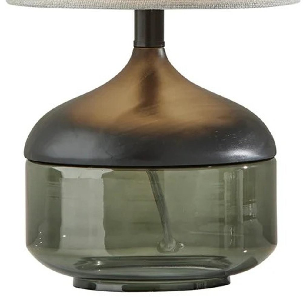16" Black And Dark Green Wood And Smoked Glass Table Lamp With Beige Drum Shade HomeRoots