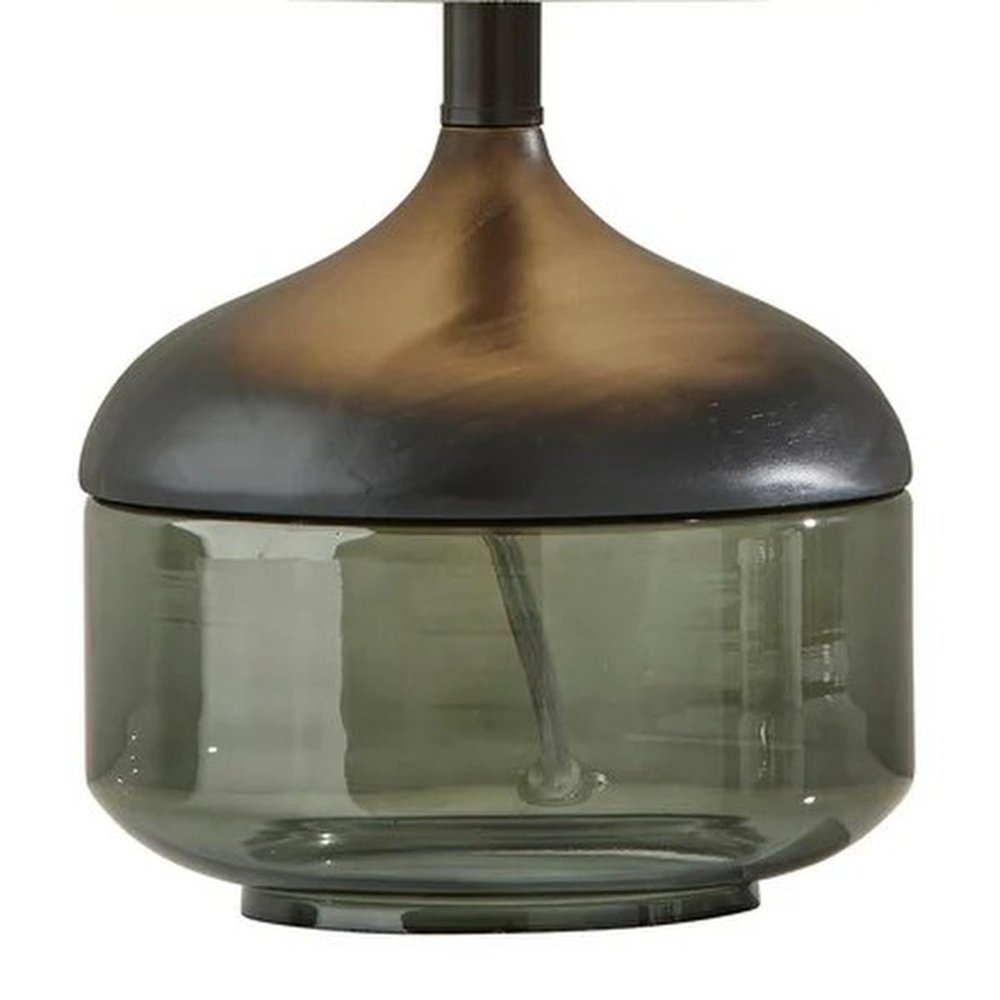 16" Black And Dark Green Wood And Smoked Glass Table Lamp With Beige Drum Shade HomeRoots