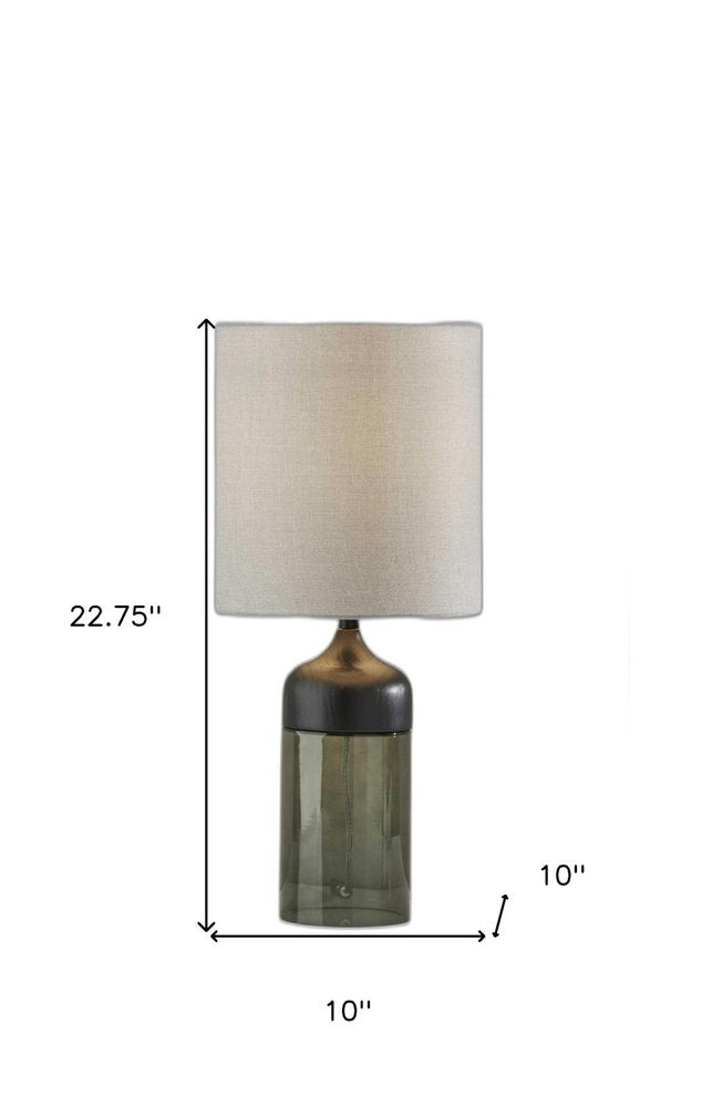 23" Black Wood And Smoked Glass Bedside Lamp With Gray Drum Shade HomeRoots