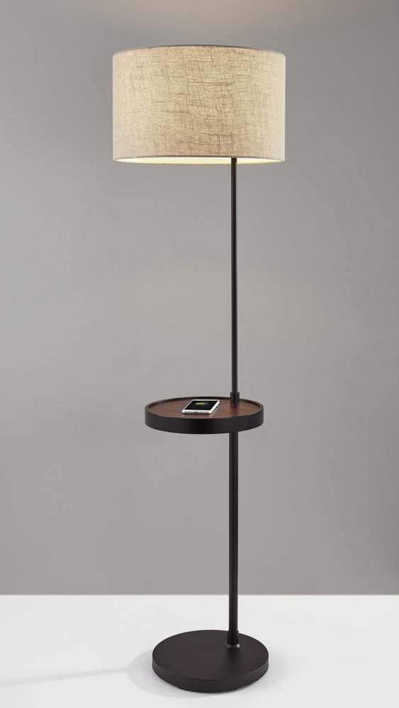 64" Beige And Black Tray Table Floor Lamp With Beige Fabric Drum Shade HomeRoots