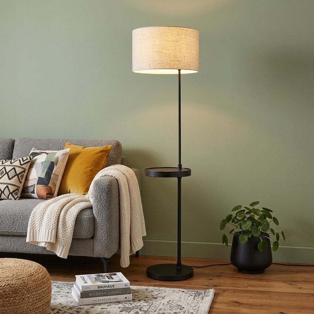 64" Beige And Black Tray Table Floor Lamp With Beige Fabric Drum Shade HomeRoots