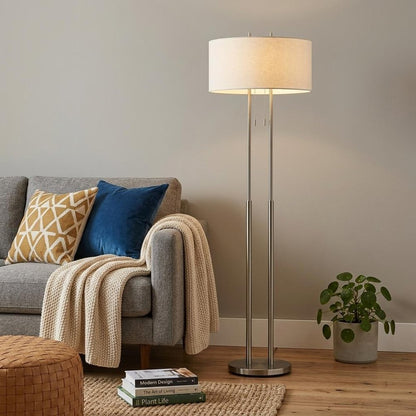 62" Silver Metal Task Floor Lamp With White Fabric Drum Shade HomeRoots