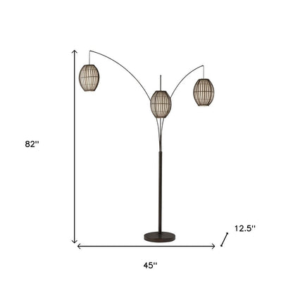 82" Bronze Three Light Tree Floor Lamp With Beige Wicker Cage Shade HomeRoots