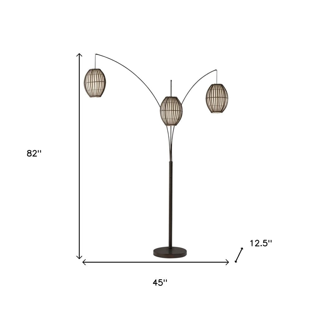 82" Bronze Three Light Tree Floor Lamp With Beige Wicker Cage Shade HomeRoots
