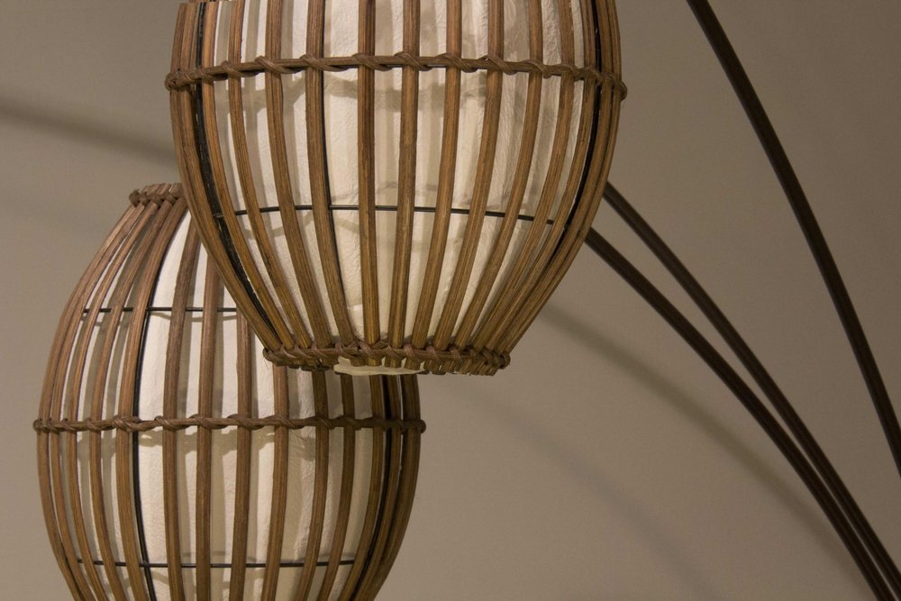 82" Bronze Three Light Tree Floor Lamp With Beige Wicker Cage Shade — view 1