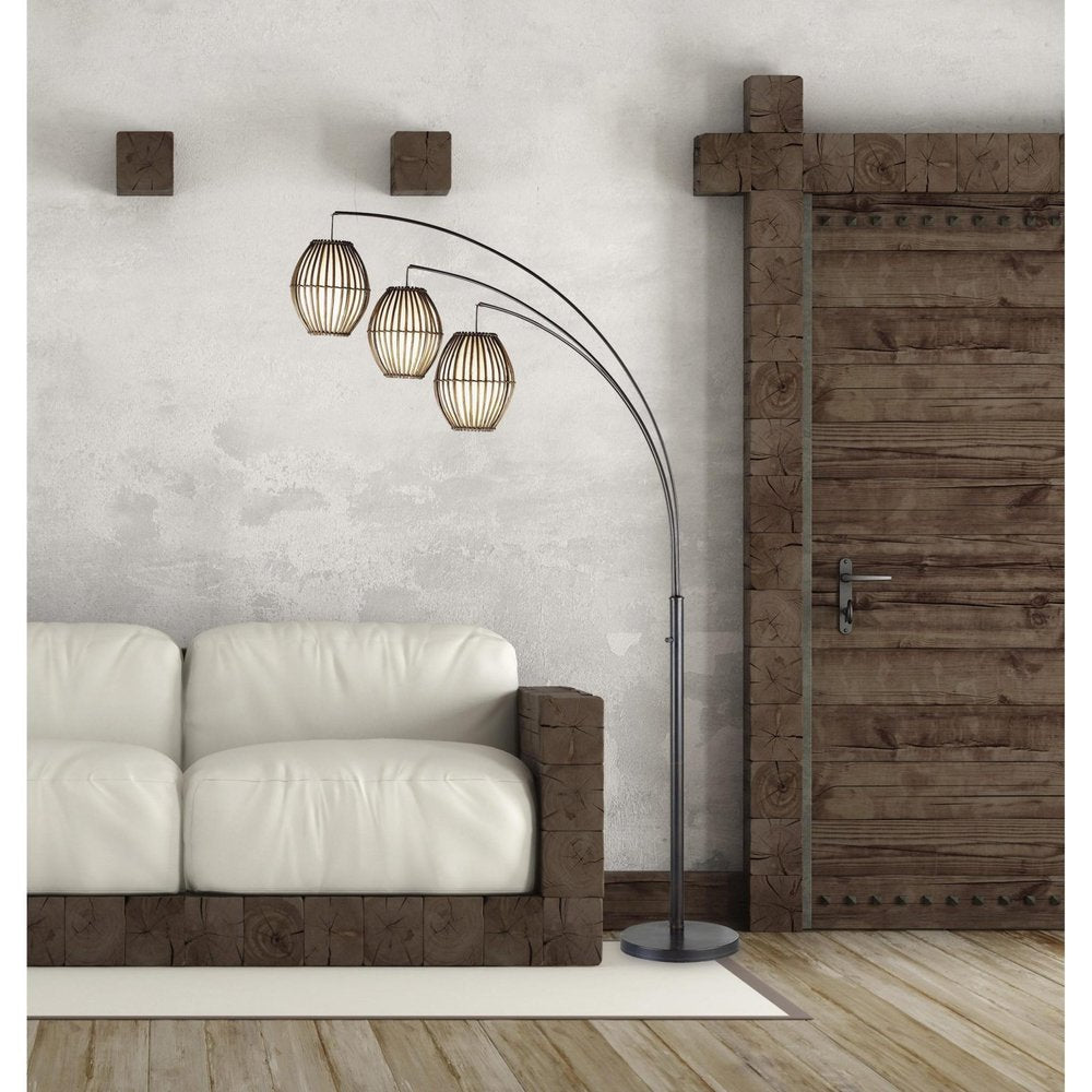 82" Bronze Three Light Tree Floor Lamp With Beige Wicker Cage Shade — view 3