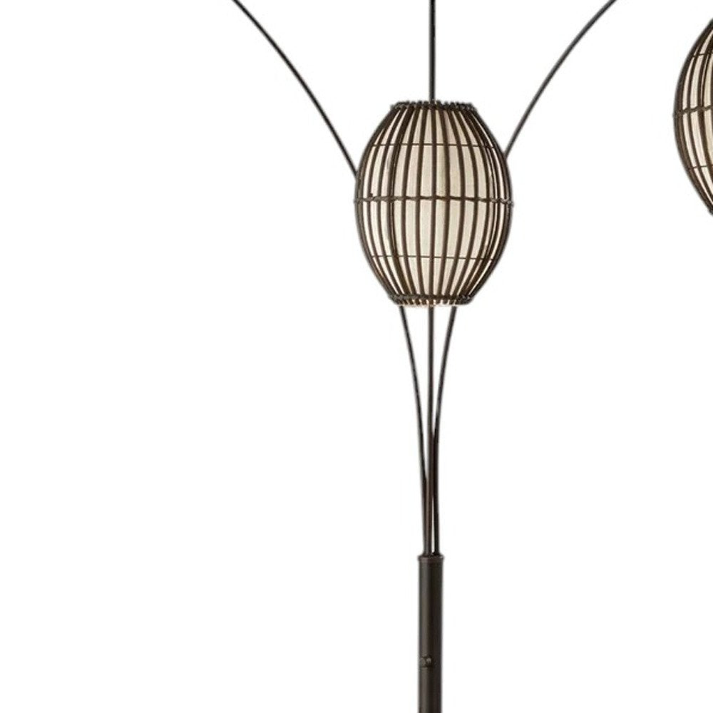82" Bronze Three Light Tree Floor Lamp With Beige Wicker Cage Shade HomeRoots