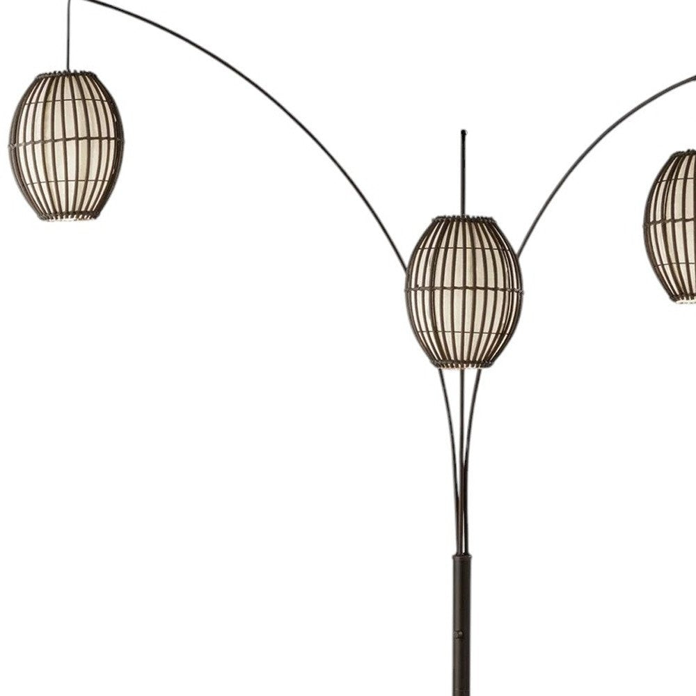 82" Bronze Three Light Tree Floor Lamp With Beige Wicker Cage Shade HomeRoots