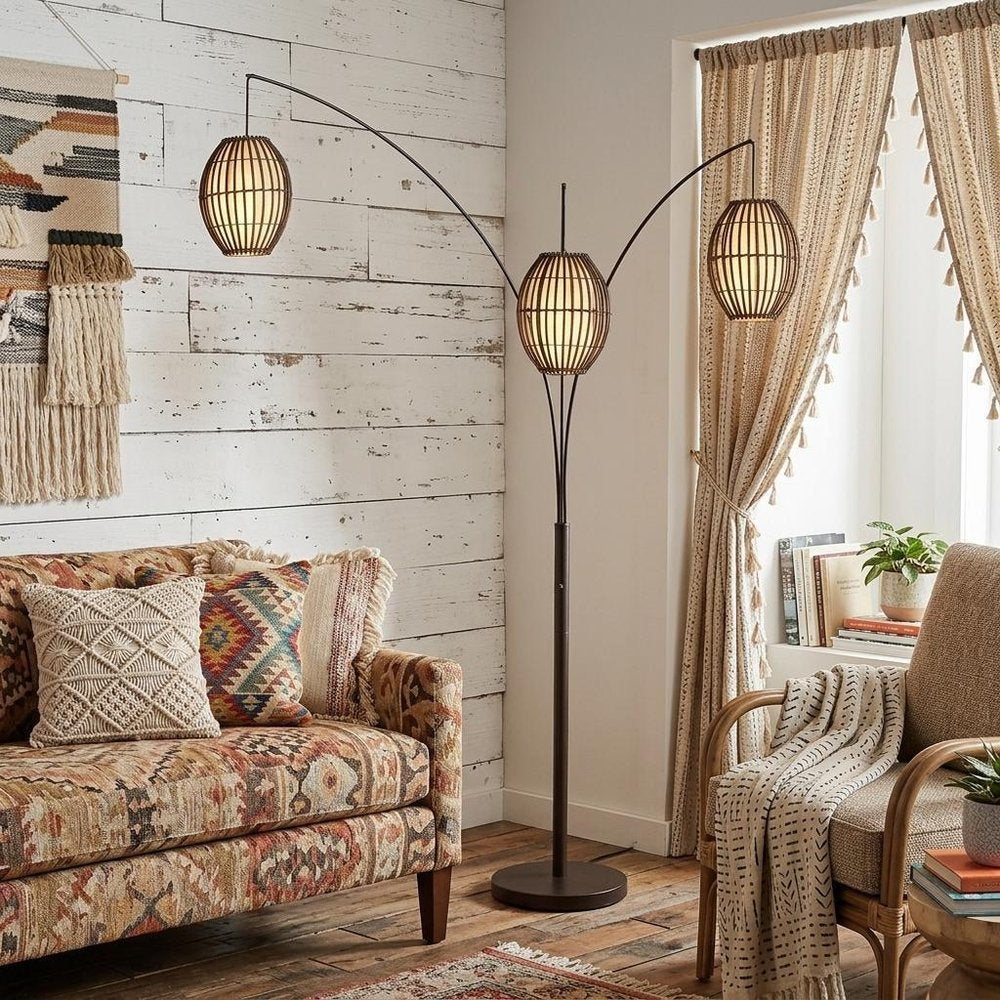 82" Bronze Three Light Tree Floor Lamp With Beige Wicker Cage Shade HomeRoots