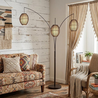 82" Bronze Three Light Tree Floor Lamp With Beige Wicker Cage Shade HomeRoots