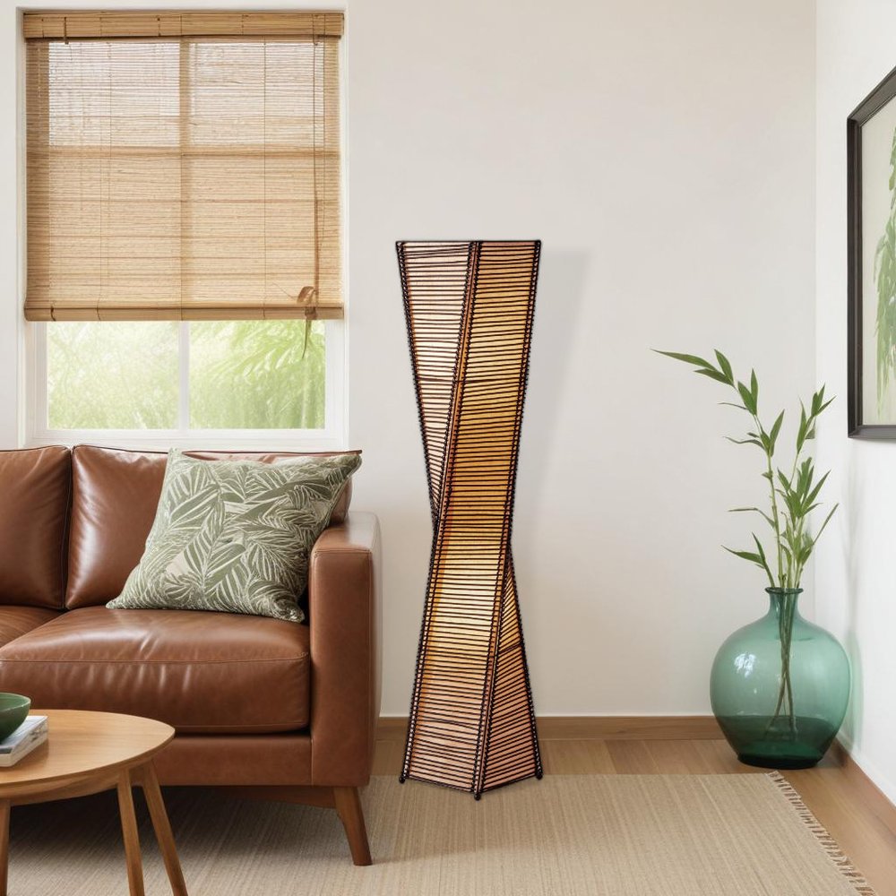 50" Black Floor Lamp With Black and Tan Twisted Cylinder Shade HomeRoots