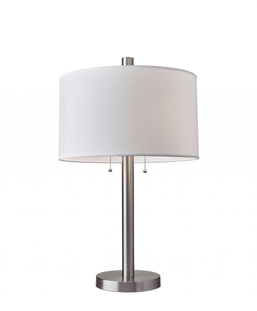28" Silver Metal Two Light Bedside Table Lamp With White Drum Shade — view 1