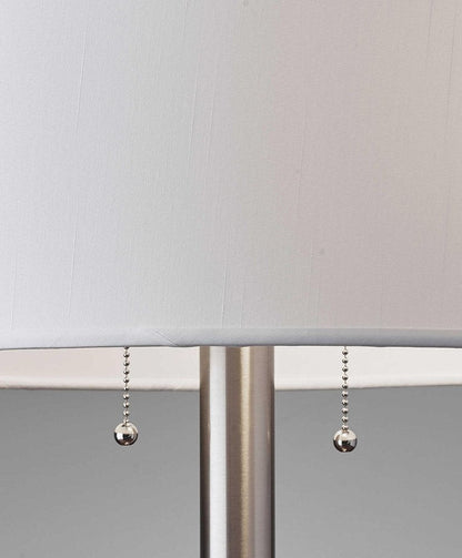 28" Silver Metal Two Light Bedside Table Lamp With White Drum Shade HomeRoots