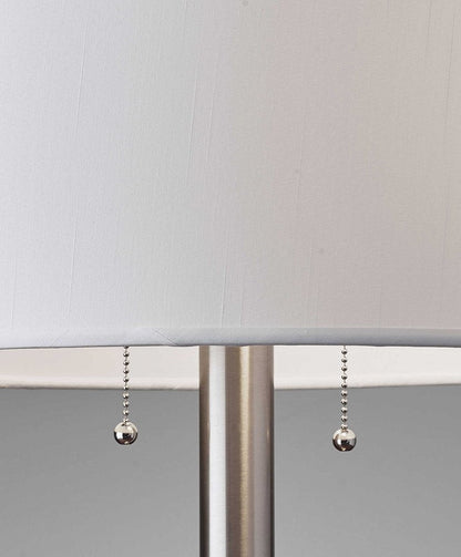 28" Silver Metal Two Light Bedside Table Lamp With White Drum Shade HomeRoots