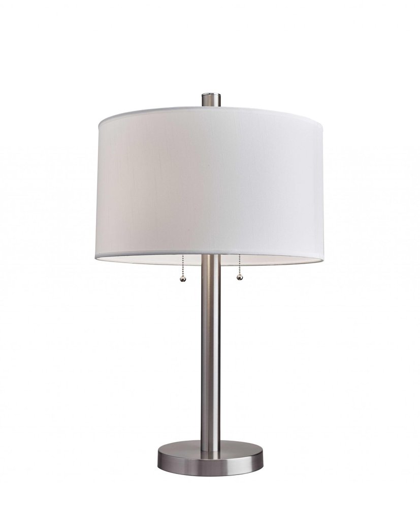 28" Silver Metal Two Light Bedside Table Lamp With White Drum Shade — view 4