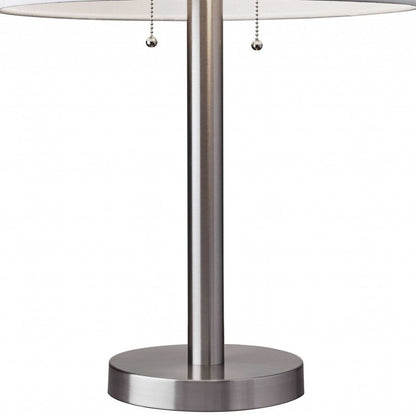 28" Silver Metal Two Light Bedside Table Lamp With White Drum Shade HomeRoots