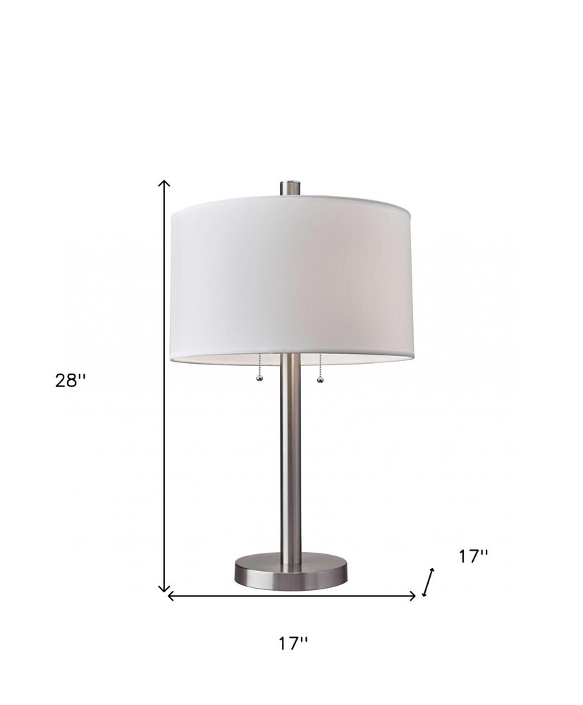 28" Silver Metal Two Light Bedside Table Lamp With White Drum Shade — view 7