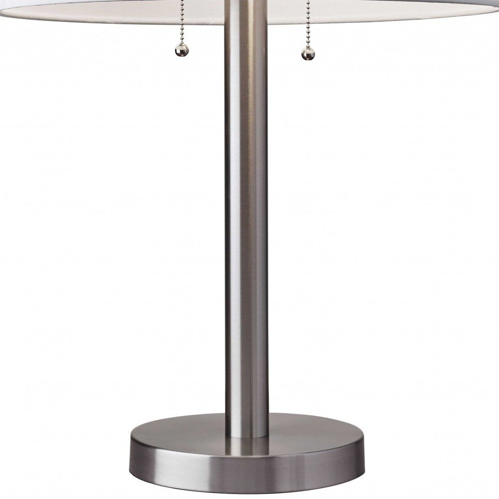 28" Silver Metal Two Light Bedside Table Lamp With White Drum Shade — view 9