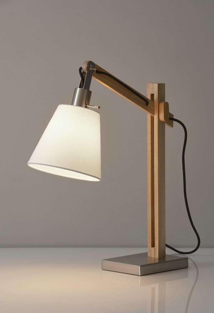 25" Natural Wood Adjustable Height Table Lamp With White Bell Shade — view 1