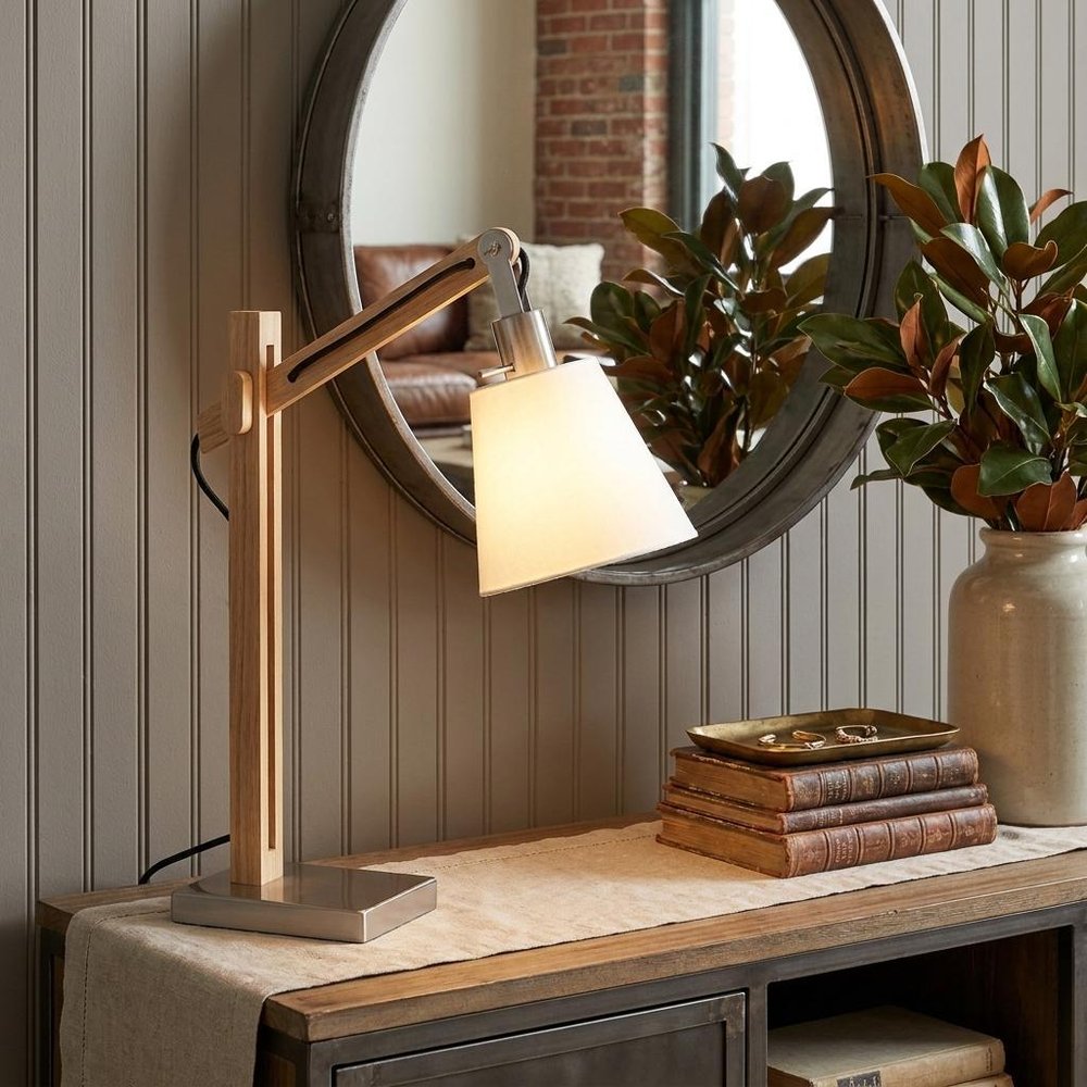 25" Natural Wood Adjustable Height Table Lamp With White Bell Shade HomeRoots