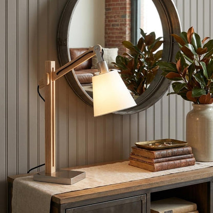 25" Natural Wood Adjustable Height Table Lamp With White Bell Shade HomeRoots