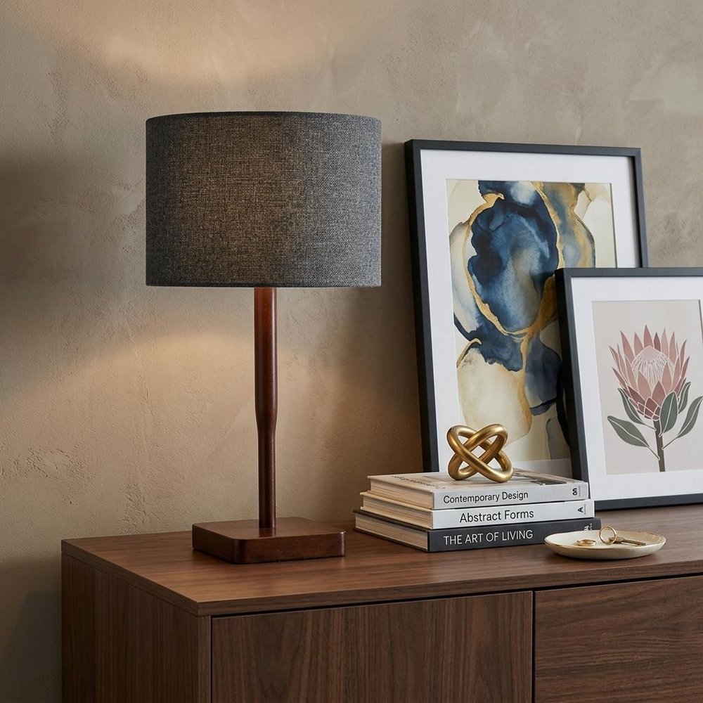 21" Brown Solid Wood Table Lamp With Dark Gray Drum Shade HomeRoots