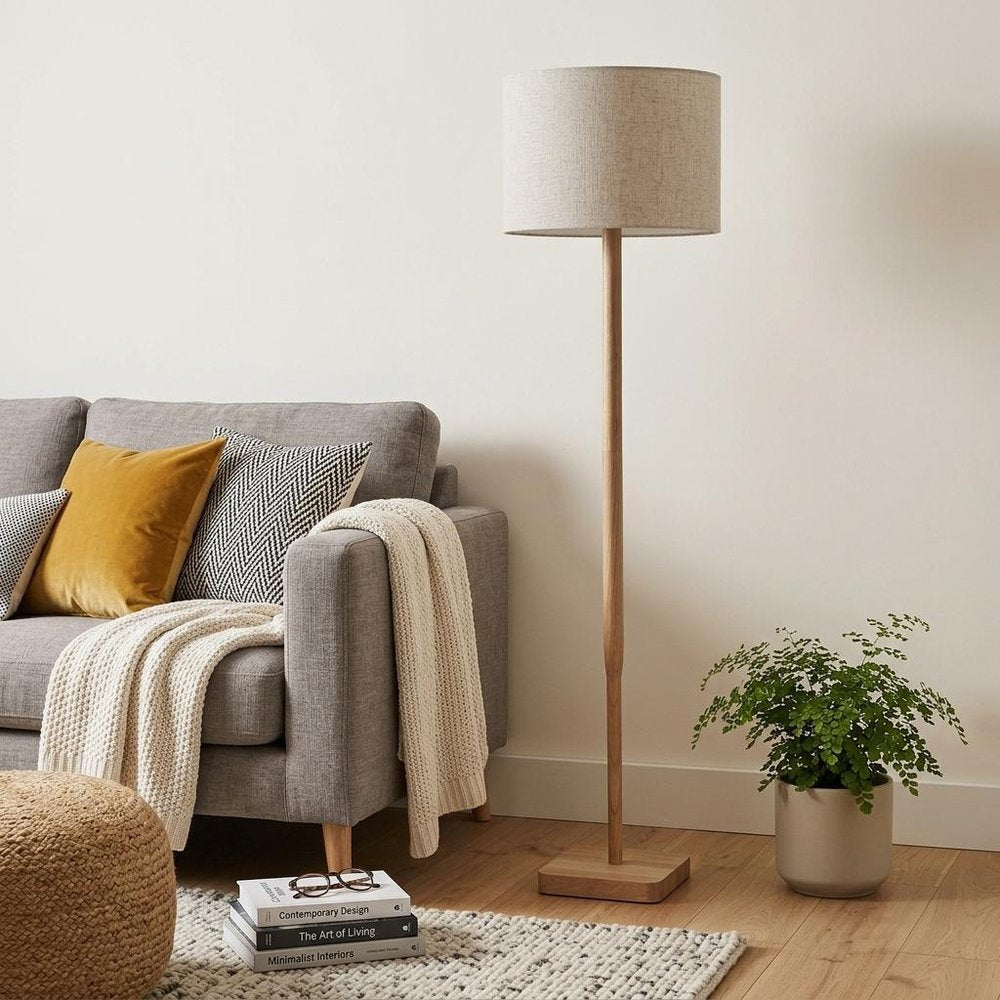59" Natural Solid Wood Floor Lamp With White Linen Drum Shade HomeRoots