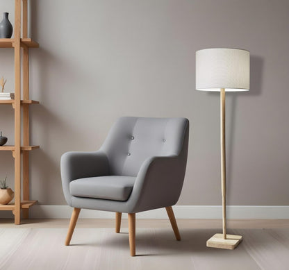 59" Natural Solid Wood Floor Lamp With White Linen Drum Shade HomeRoots