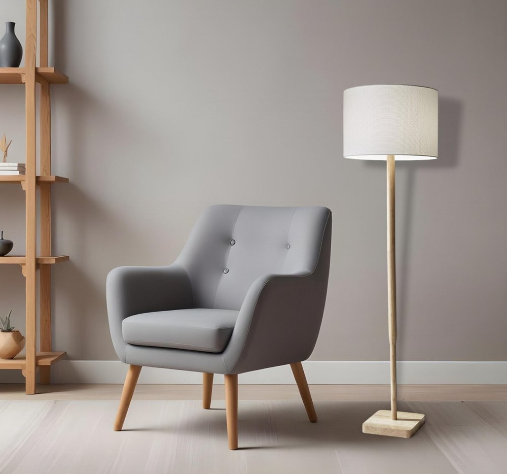 59" Natural Solid Wood Floor Lamp With White Linen Drum Shade HomeRoots