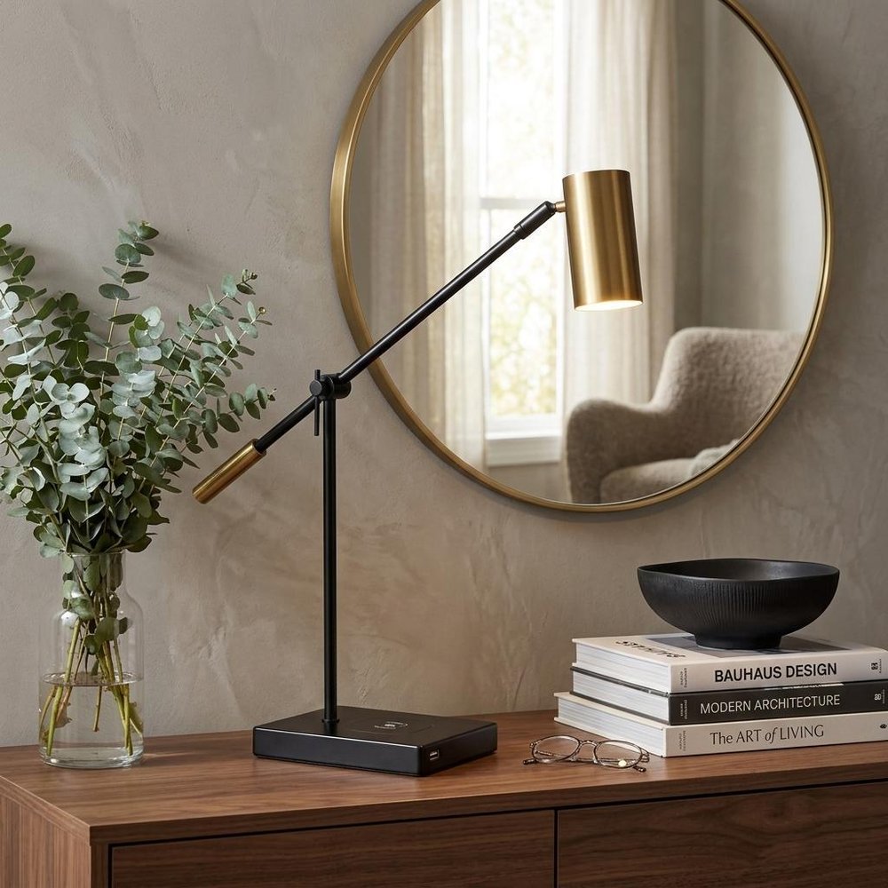 22" Black Metal Swing Arm LED Desk Lamp With USB And Antiqued Gold Cylinder Shade HomeRoots