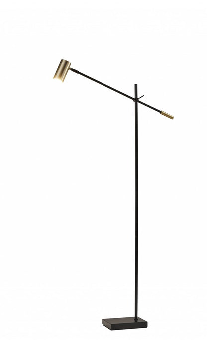 63" Black And Gold Adjustable LED Task Floor Lamp With Antiqued Brass Metal Cylinder Shade HomeRoots