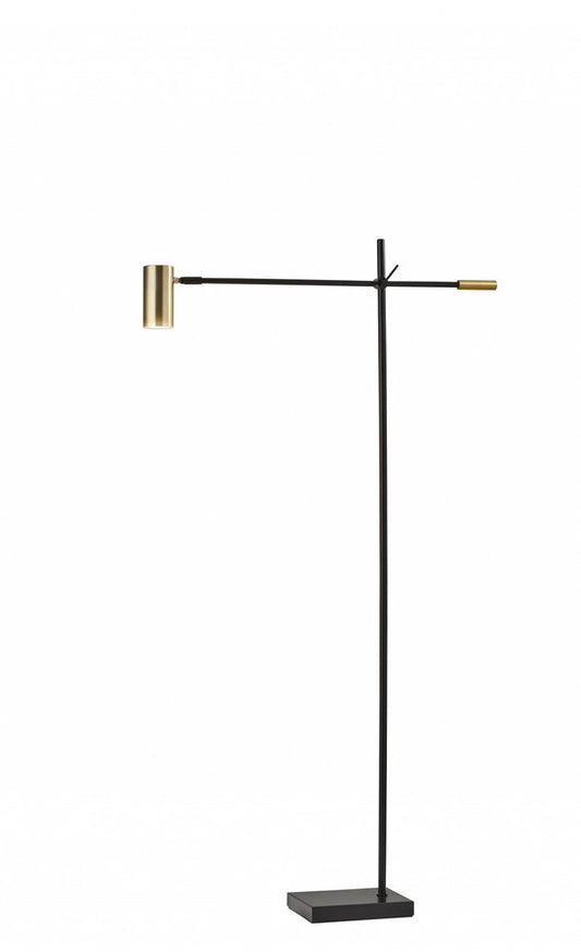 63" Black And Gold Adjustable LED Task Floor Lamp With Antiqued Brass Metal Cylinder Shade