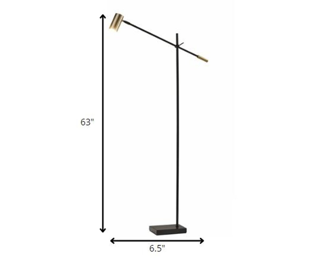 63" Black And Gold Adjustable LED Task Floor Lamp With Antiqued Brass Metal Cylinder Shade — view 5